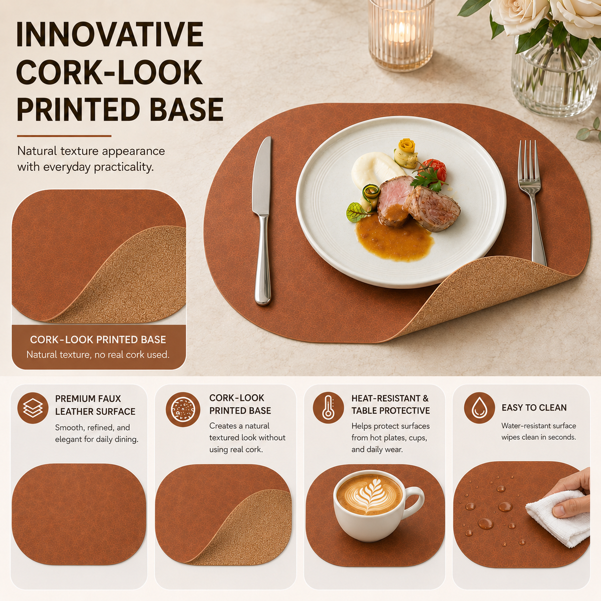Vintage Cork-Look Vegan Leather Placemats Set with Coasters and Storage Box