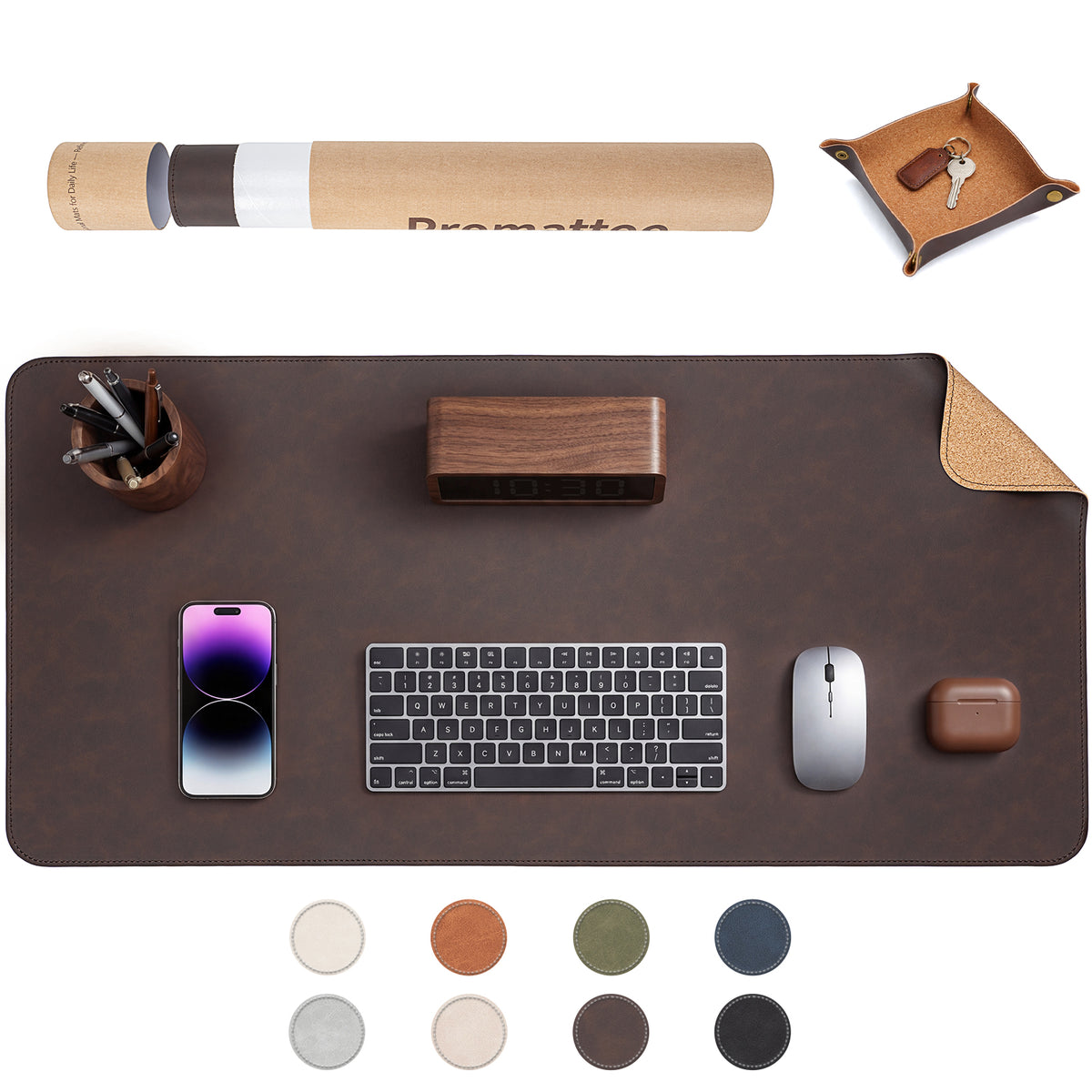PROMATTOO Vegan Leather Desk Mat & Storage Tray Set — Non-Slip Cork Base