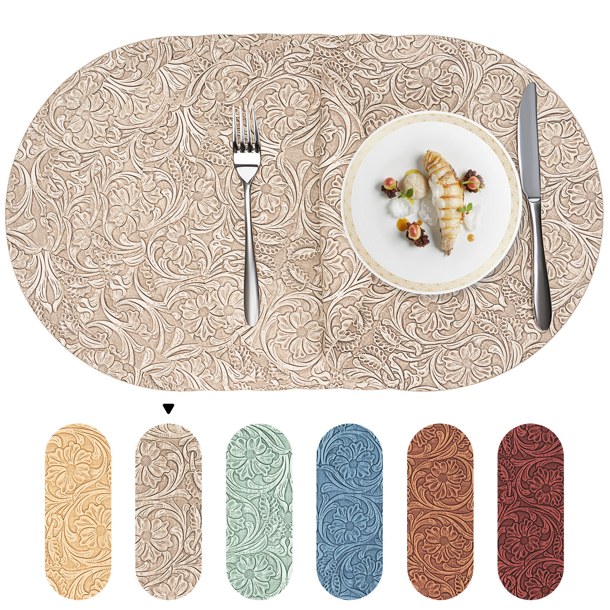 Vintage Floral Faux Leather Placemats Set, Waterproof Dining Mats