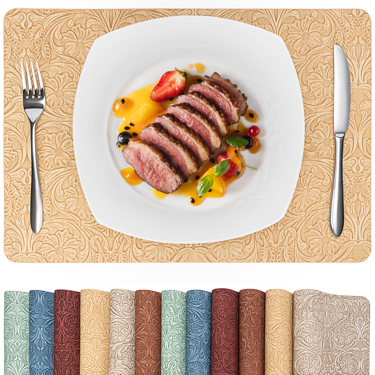 Vintage Floral Faux Leather Placemats Set, Waterproof Dining Mats
