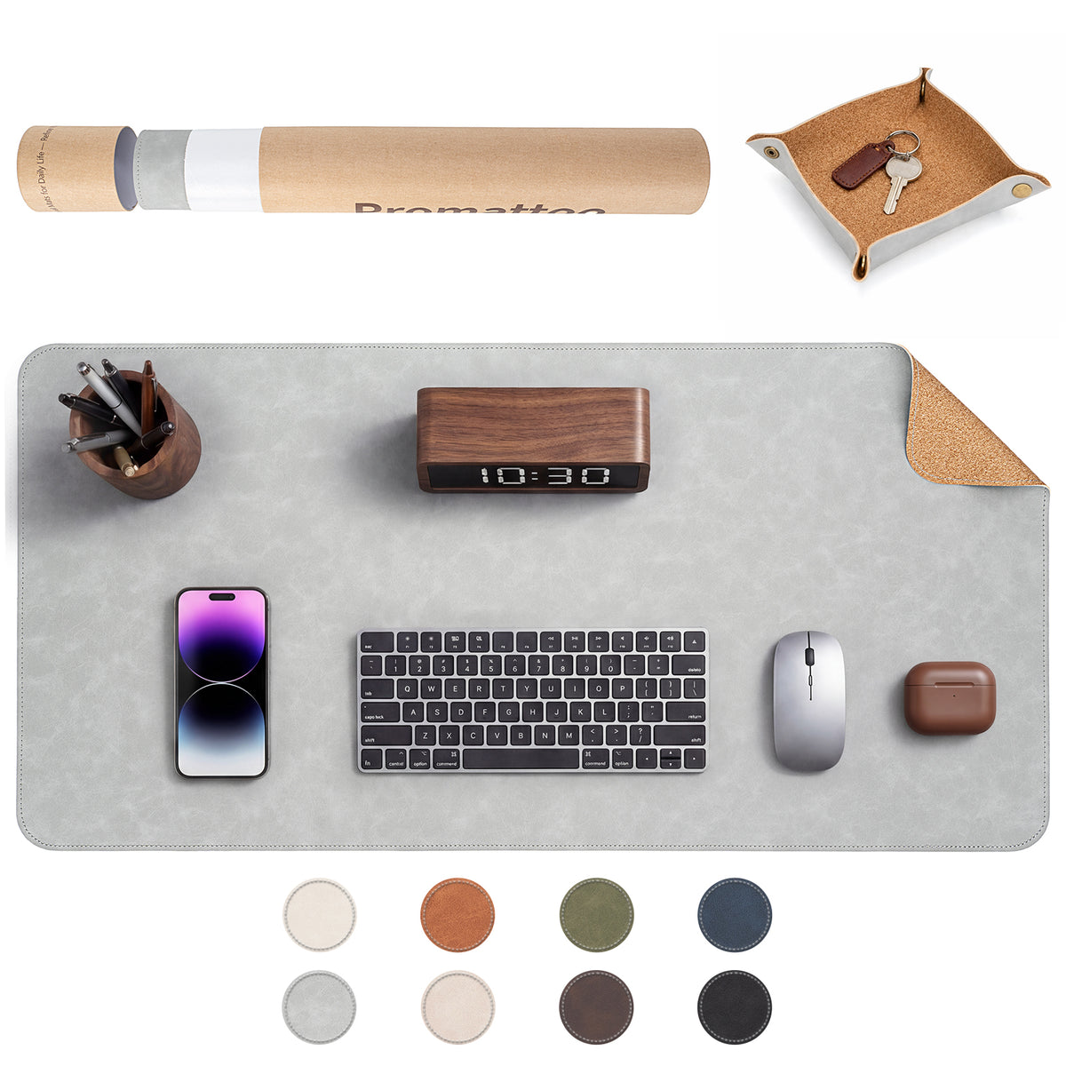 PROMATTOO Vegan Leather Desk Mat & Storage Tray Set — Non-Slip Cork Base