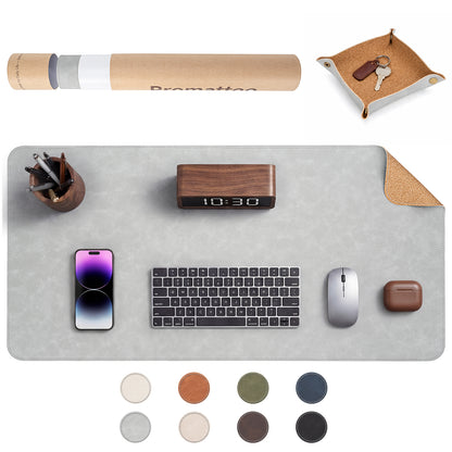 PROMATTOO Vegan Leather Desk Mat & Storage Tray Set — Non-Slip Cork Base