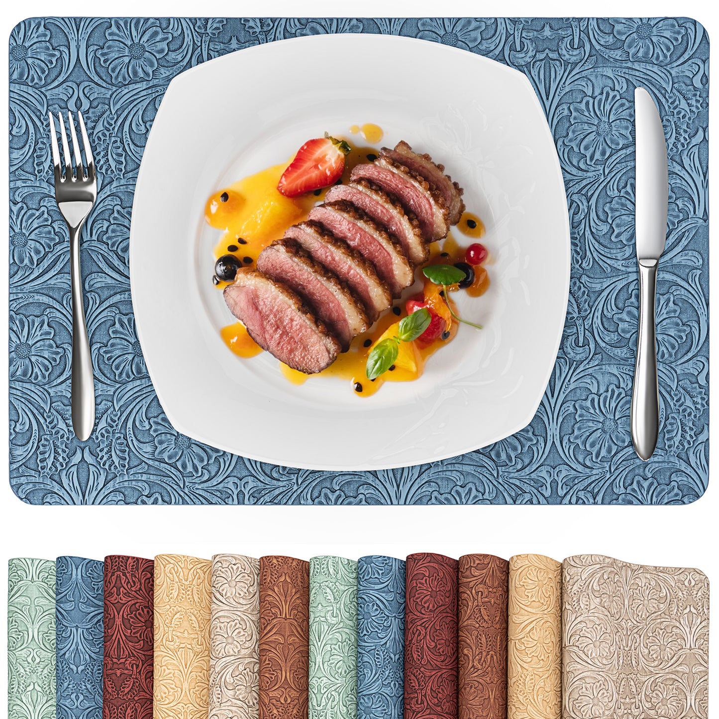 Vintage Floral Faux Leather Placemats Set, Waterproof Dining Mats