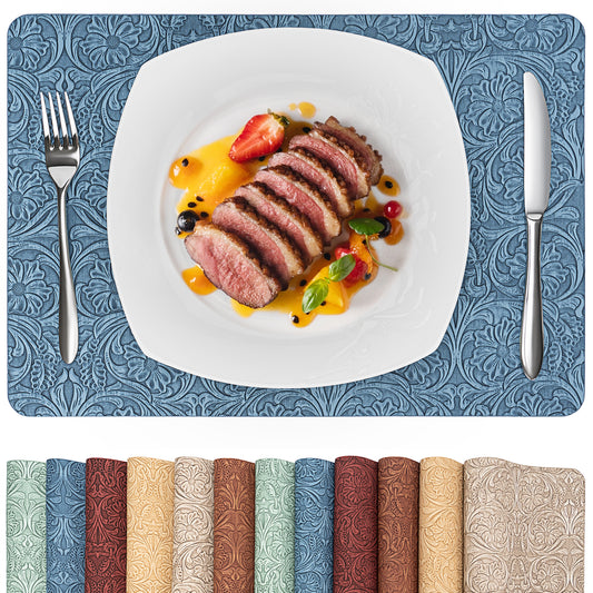 Vintage Floral Faux Leather Placemats Set, Waterproof Dining Mats