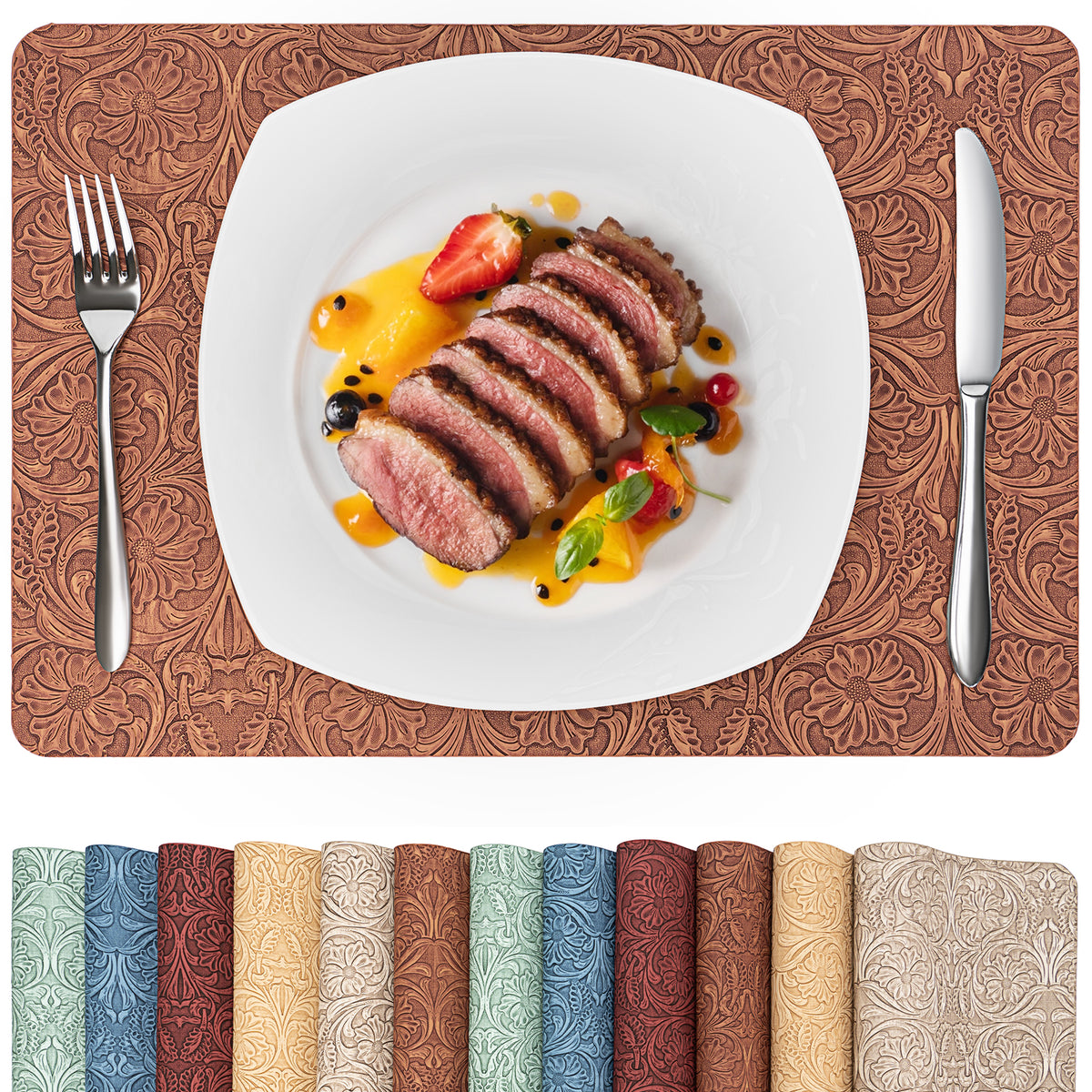 Vintage Floral Faux Leather Placemats Set, Waterproof Dining Mats