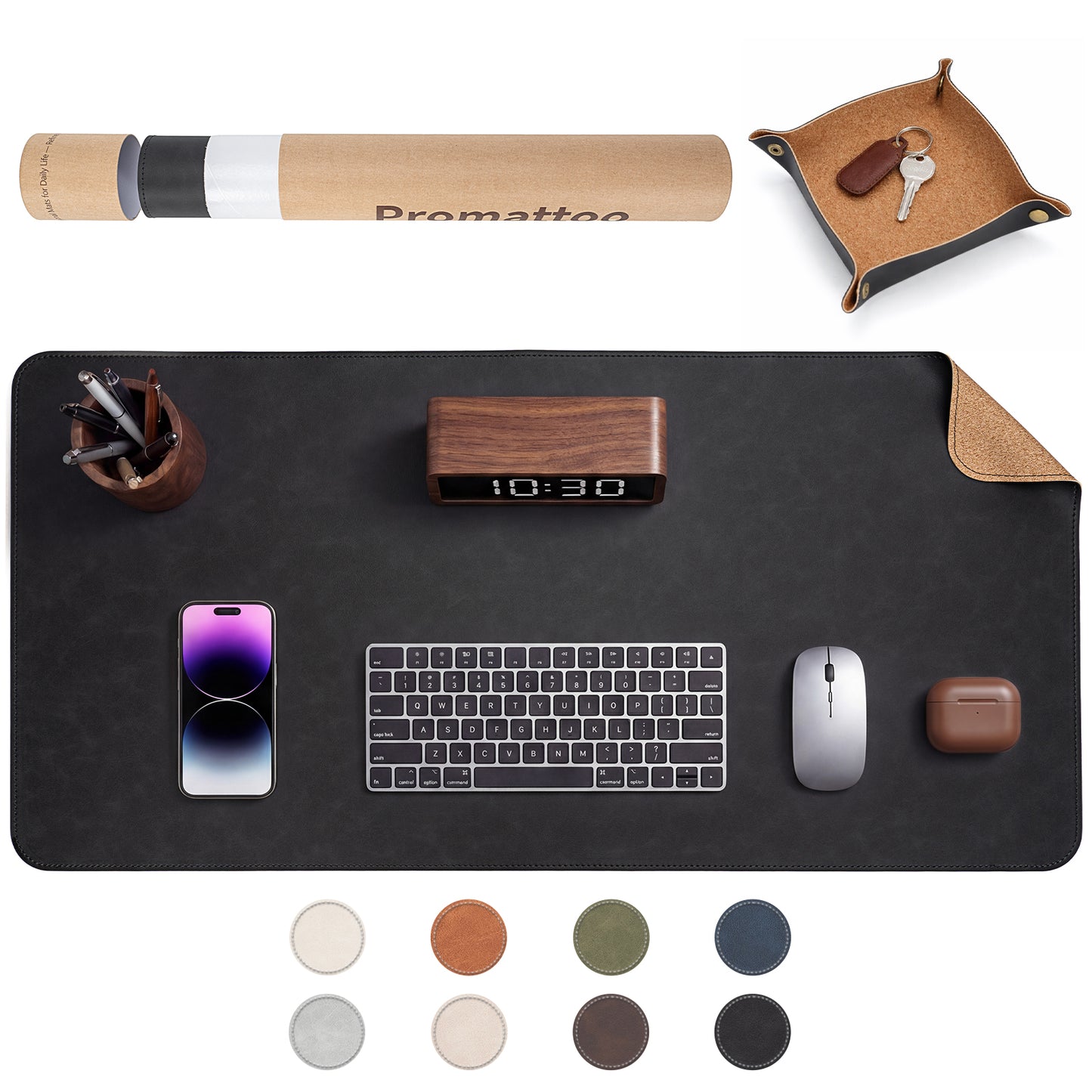 PROMATTOO Vegan Leather Desk Mat & Storage Tray Set — Non-Slip Cork Base