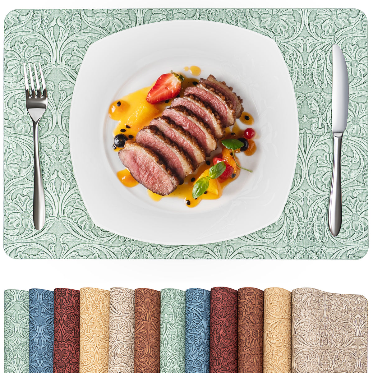 Vintage Floral Faux Leather Placemats Set, Waterproof Dining Mats