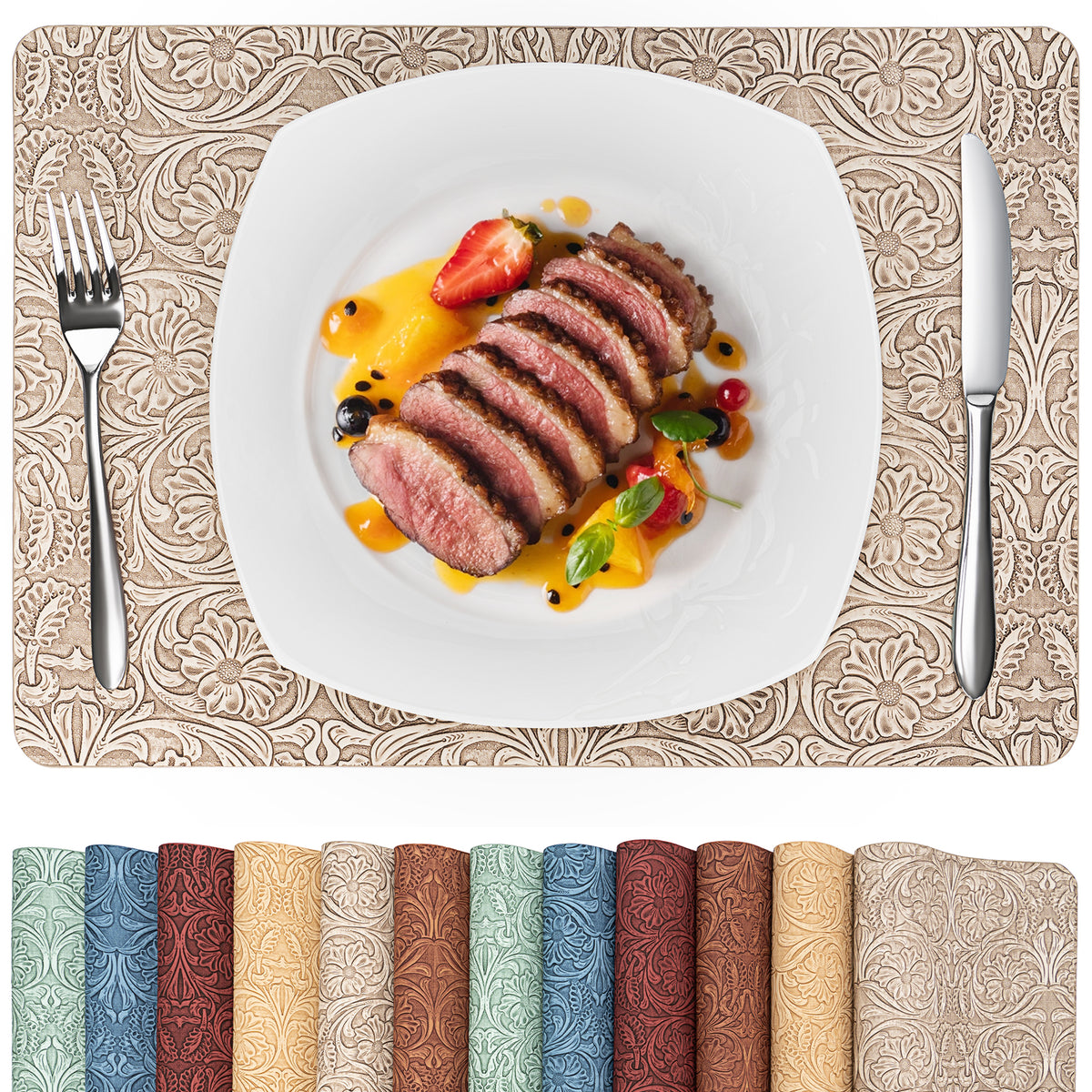 Vintage Floral Faux Leather Placemats Set, Waterproof Dining Mats