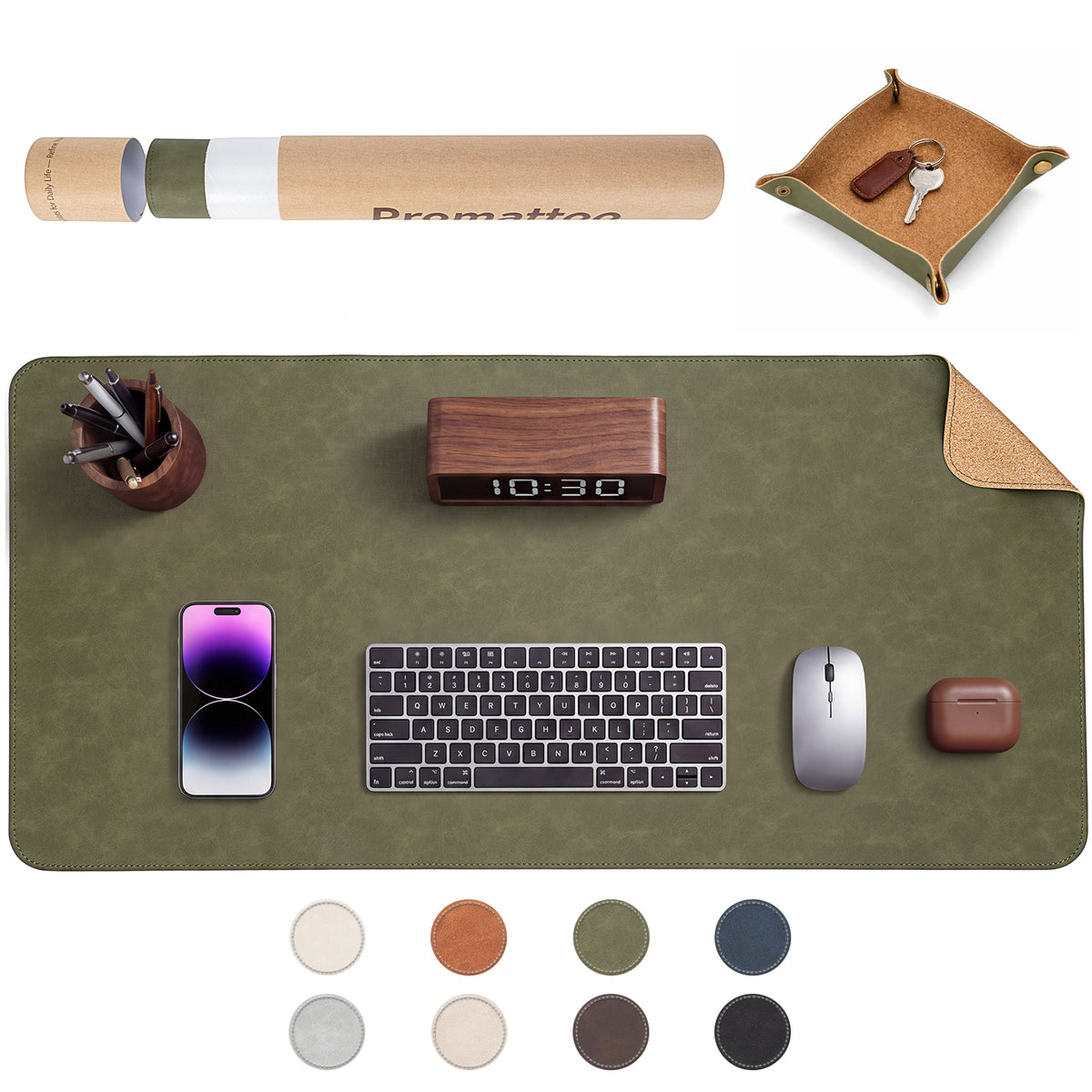 PROMATTOO Vegan Leather Desk Mat & Storage Tray Set — Non-Slip Cork Base