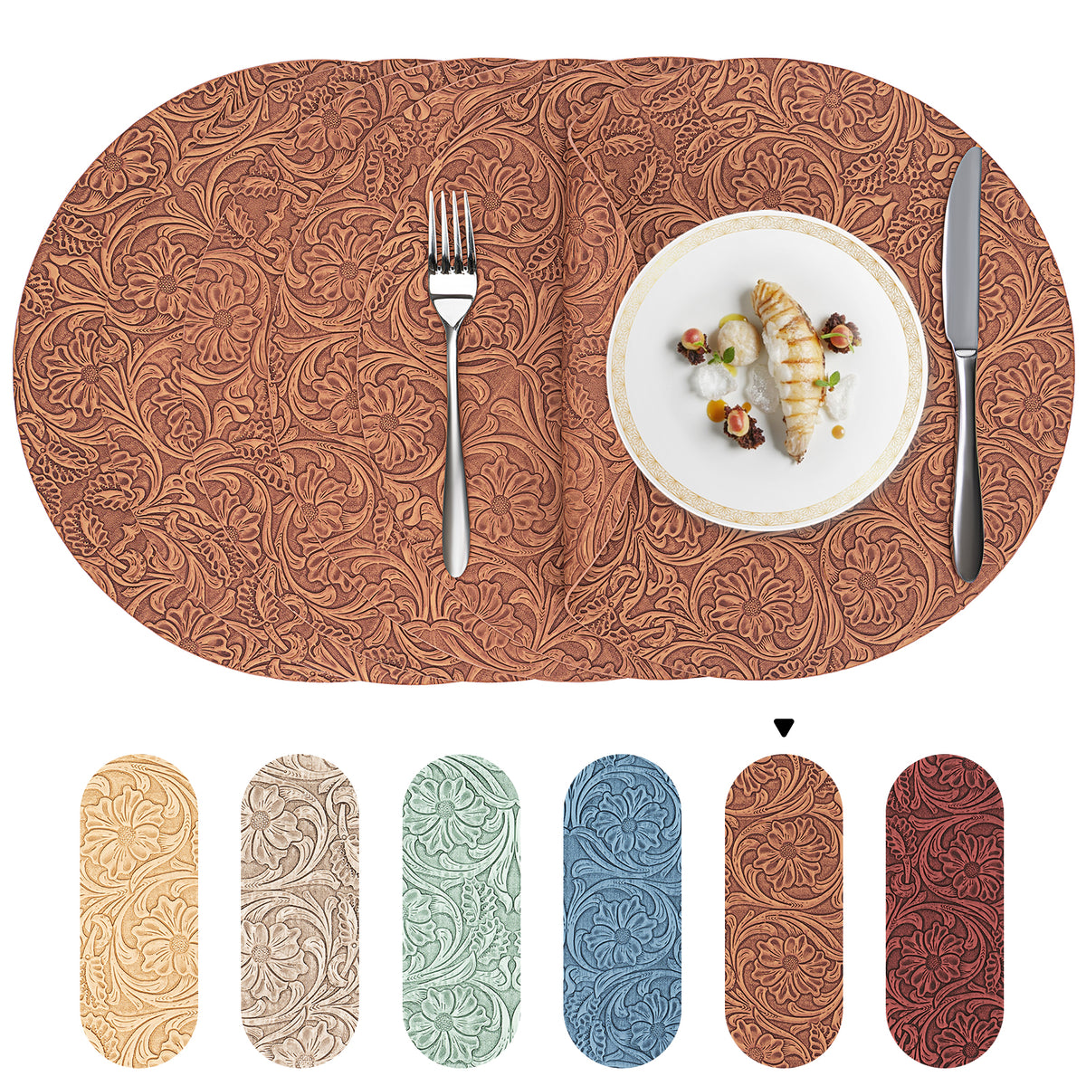 Vintage Floral Faux Leather Placemats Set, Waterproof Dining Mats
