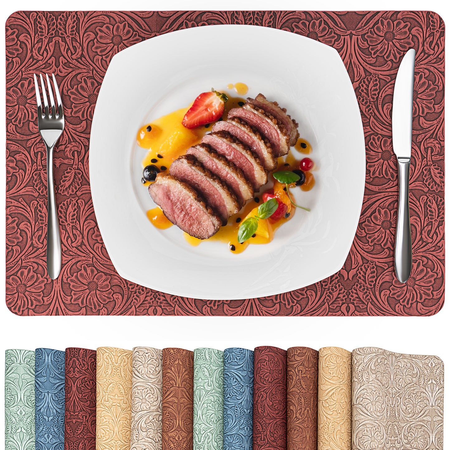 Vintage Floral Faux Leather Placemats Set, Waterproof Dining Mats