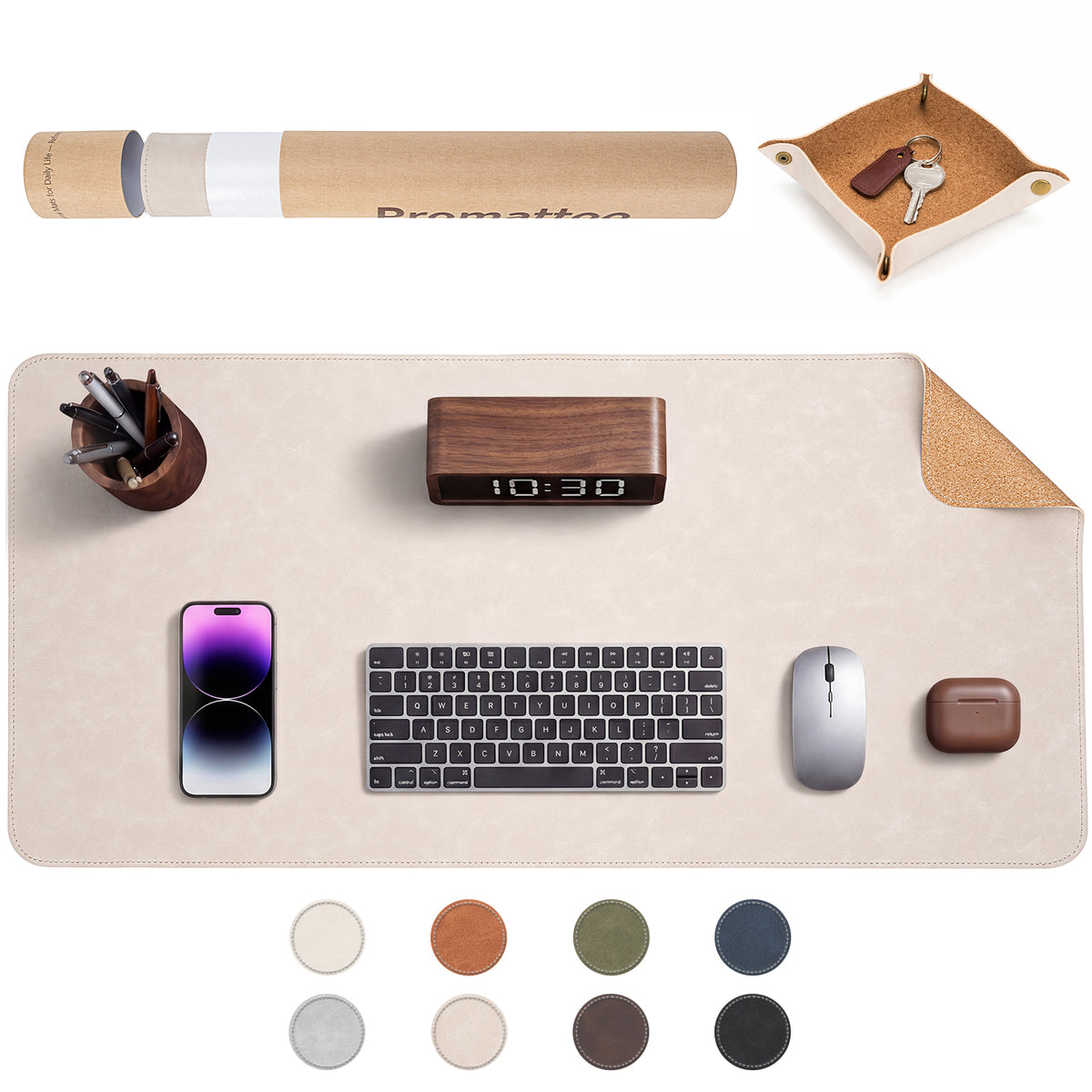 PROMATTOO Vegan Leather Desk Mat & Storage Tray Set — Non-Slip Cork Base