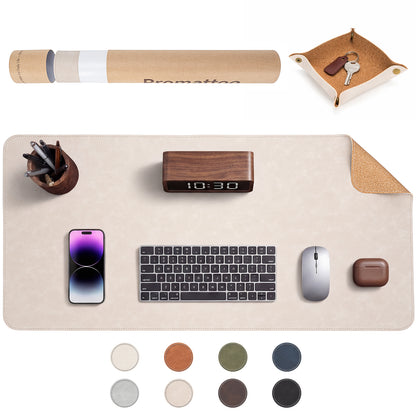 PROMATTOO Vegan Leather Desk Mat & Storage Tray Set — Non-Slip Cork Base