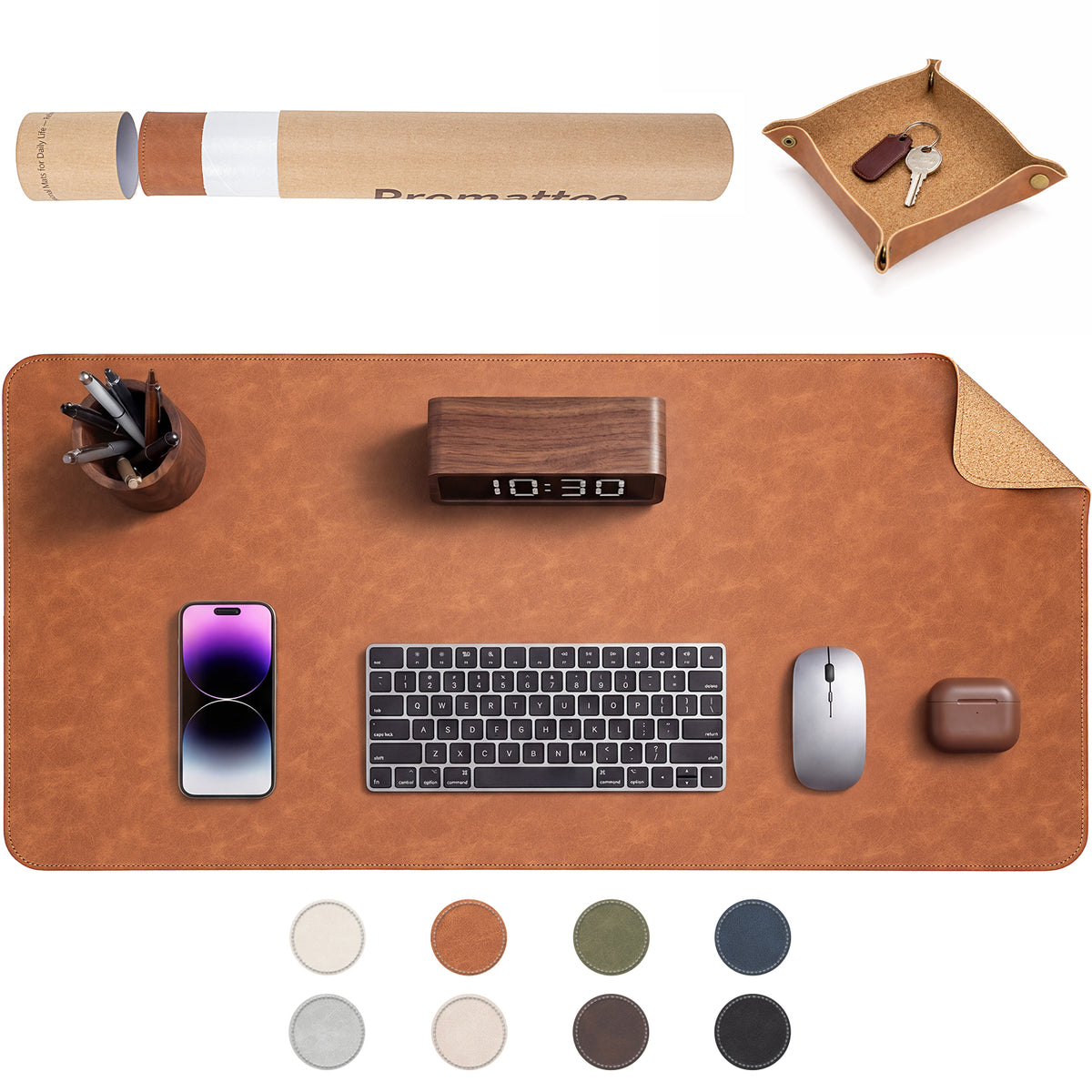 PROMATTOO Vegan Leather Desk Mat & Storage Tray Set — Non-Slip Cork Base
