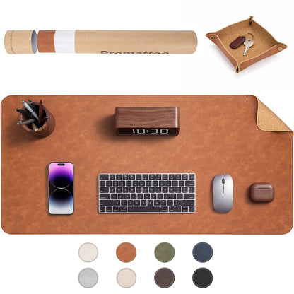 PROMATTOO Vegan Leather Desk Mat & Storage Tray Set — Non-Slip Cork Base