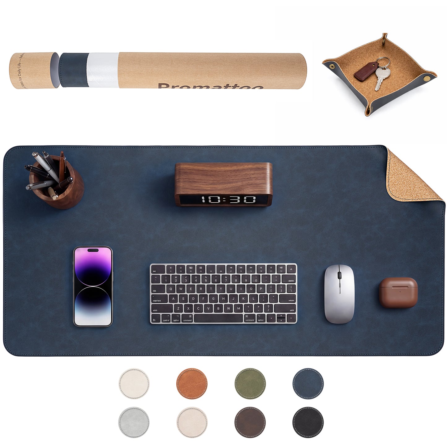 PROMATTOO Vegan Leather Desk Mat & Storage Tray Set — Non-Slip Cork Base