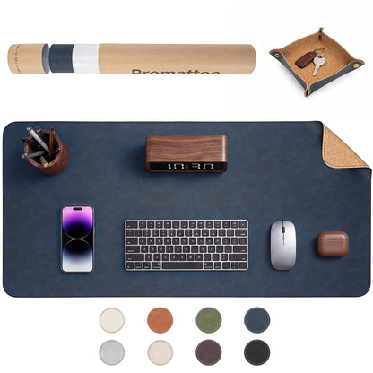 PROMATTOO Vegan Leather Desk Mat & Storage Tray Set — Non-Slip Cork Base