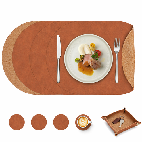 Vintage Cork-Look Vegan Leather Placemats Set with Coasters and Storage Box