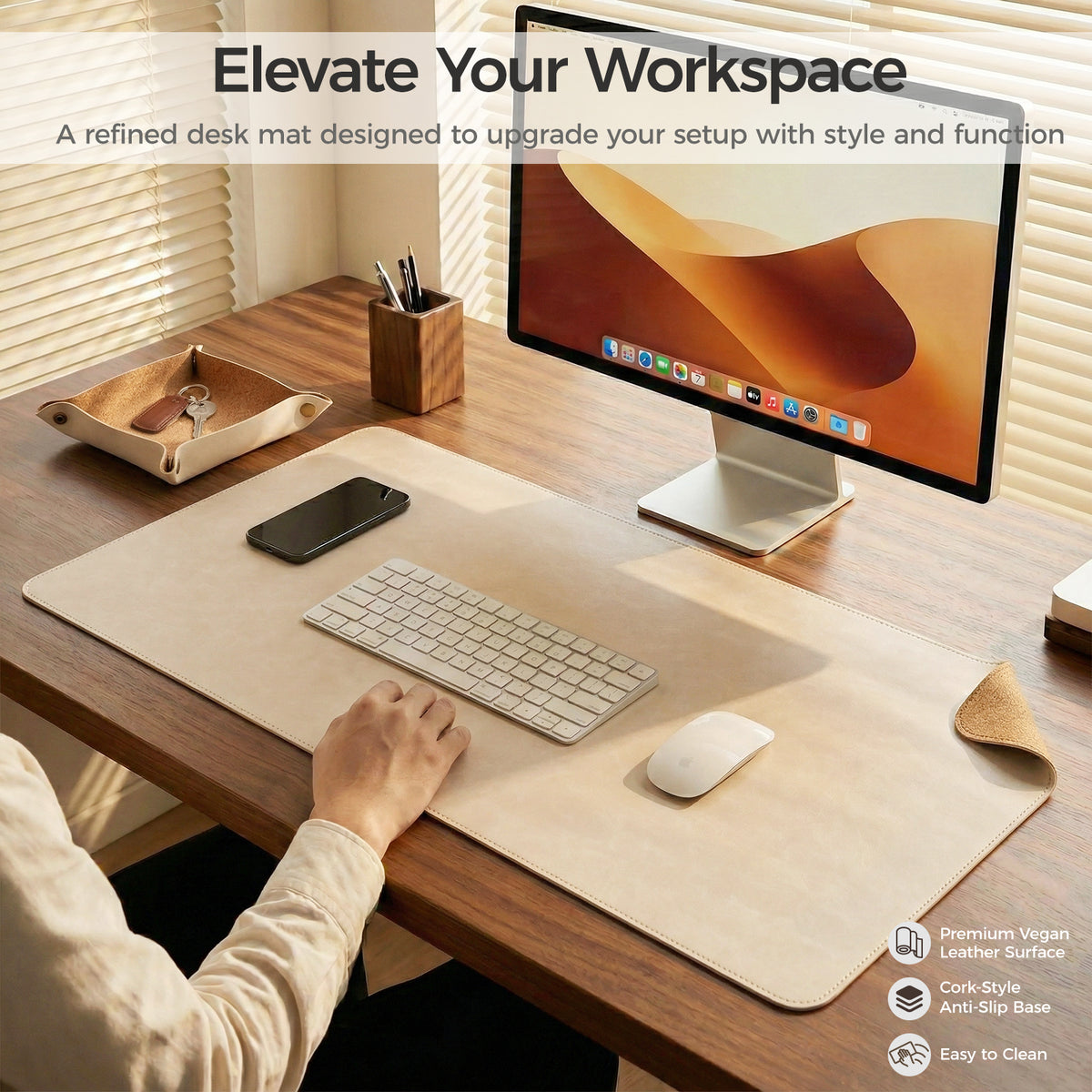 PROMATTOO Vegan Leather Desk Mat & Storage Tray Set — Non-Slip Cork Base