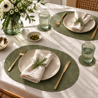 PROMATTOO Oval Faux Leather Placemats with Matching Coasters, Cork-Look Backing, Sets of 4, 6 or 8