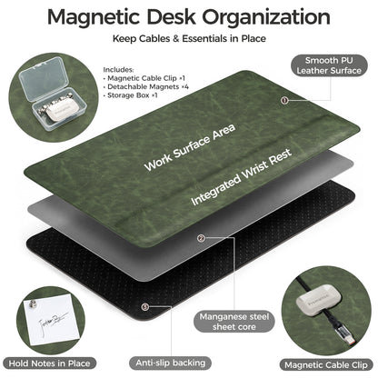 Magnetic Desk Mat with Wrist Support – Premium Leather Organizer for Office & Gaming