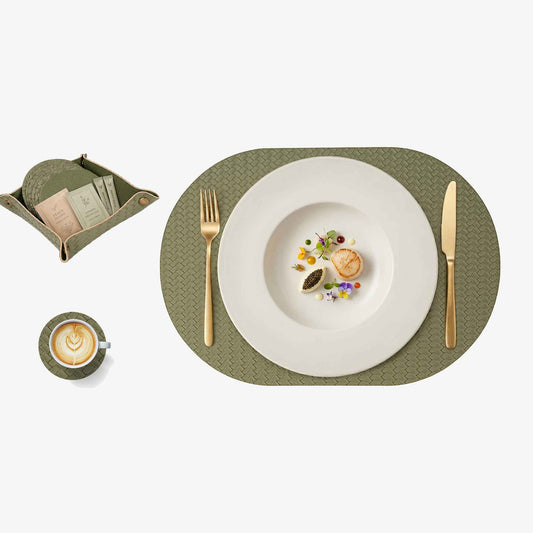 PROMATTOO Woven-Texture Oval Placemats with Coasters & Tray | Set of 4/6