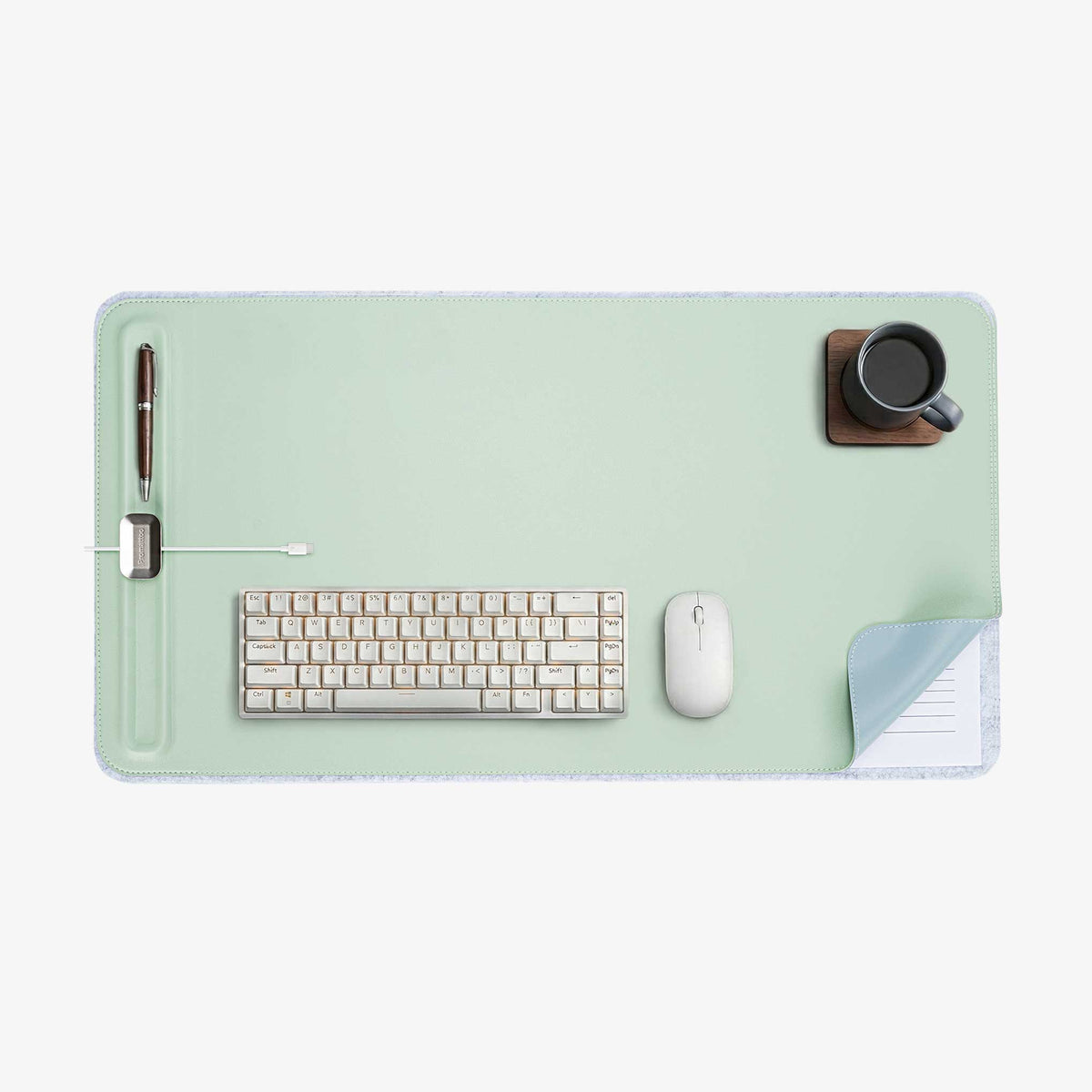 PROMATTOO Double-Sided Vegan Leather & Felt Desk Mat with Magnetic Cable Organizer