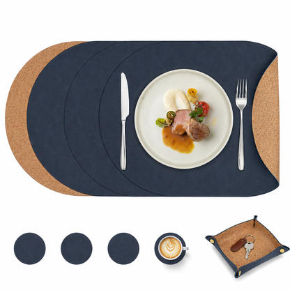 Vintage Cork-Look Vegan Leather Placemats Set with Coasters and Storage Box