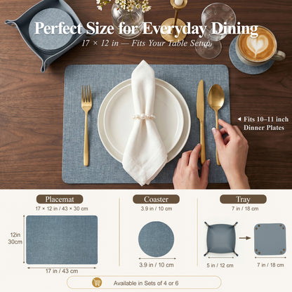 Promattoo Linen-Texture Placemats Set of 6 with Coasters & Storage Tray | Vegan Leather