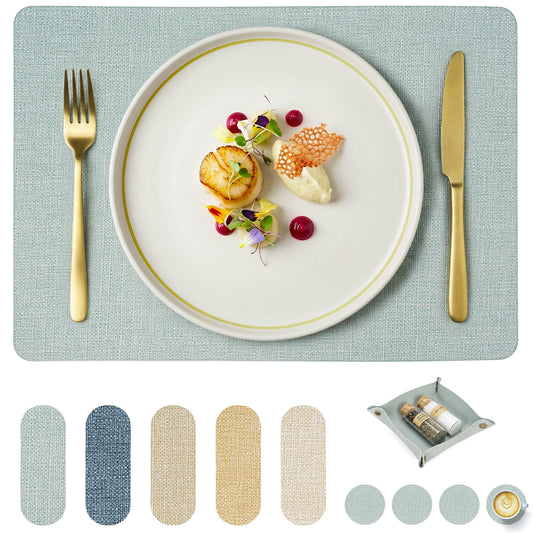 Linen-Texture Vegan Leather Placemats with Coasters & Box