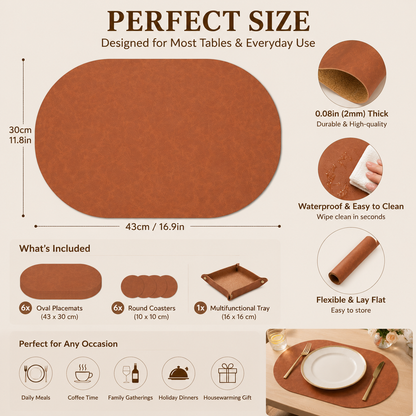 Vintage Cork-Look Vegan Leather Placemats Set with Coasters and Storage Box
