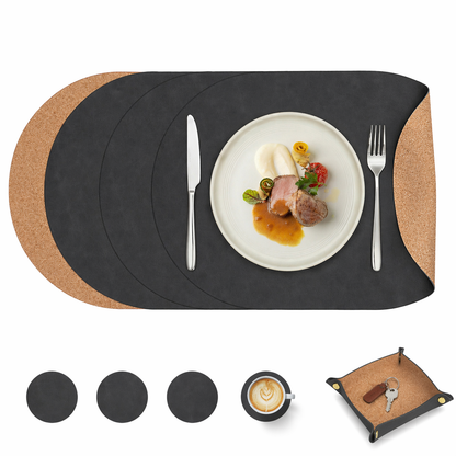 Vintage Cork-Look Vegan Leather Placemats Set with Coasters and Storage Box