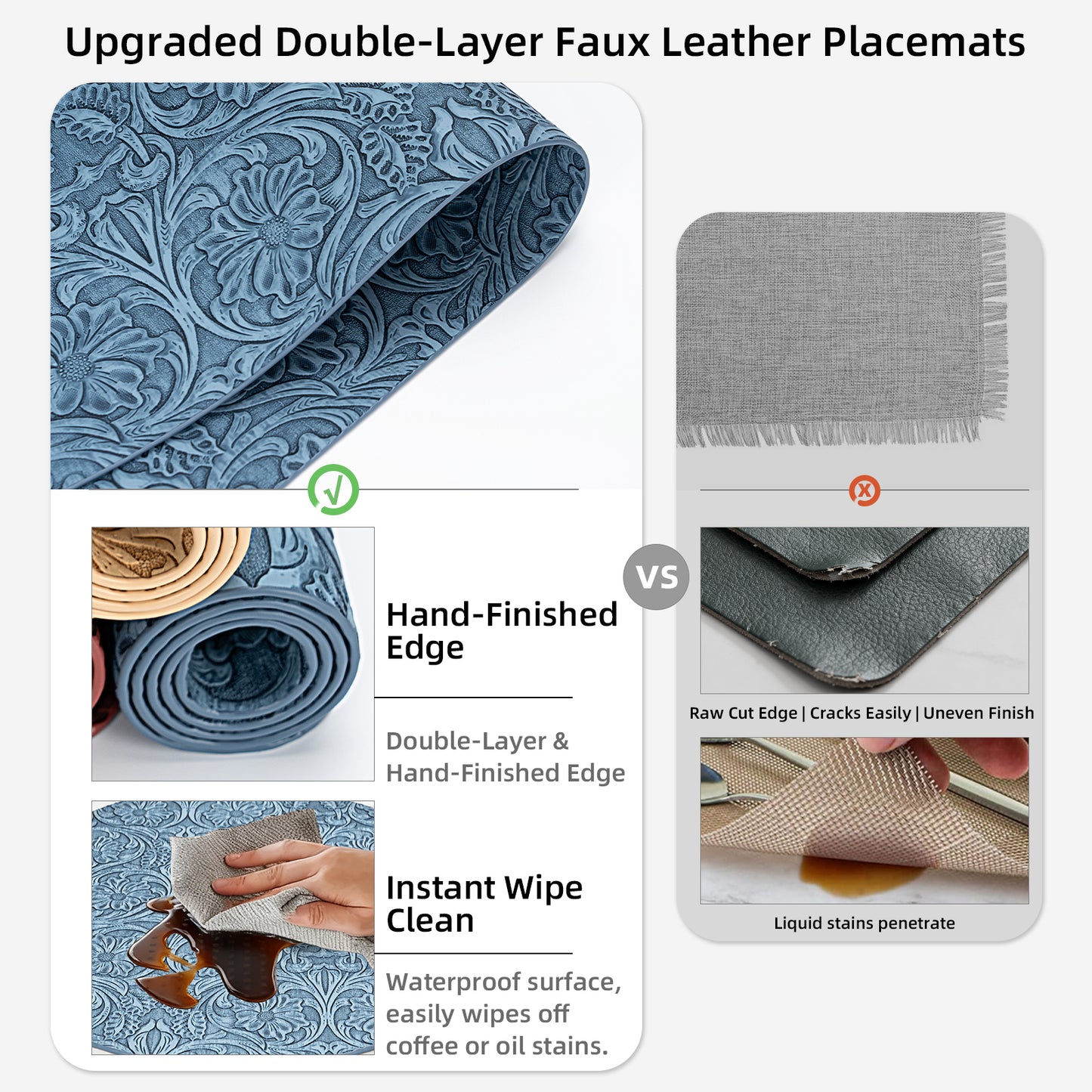 Vintage Floral Faux Leather Placemats Set, Waterproof Dining Mats