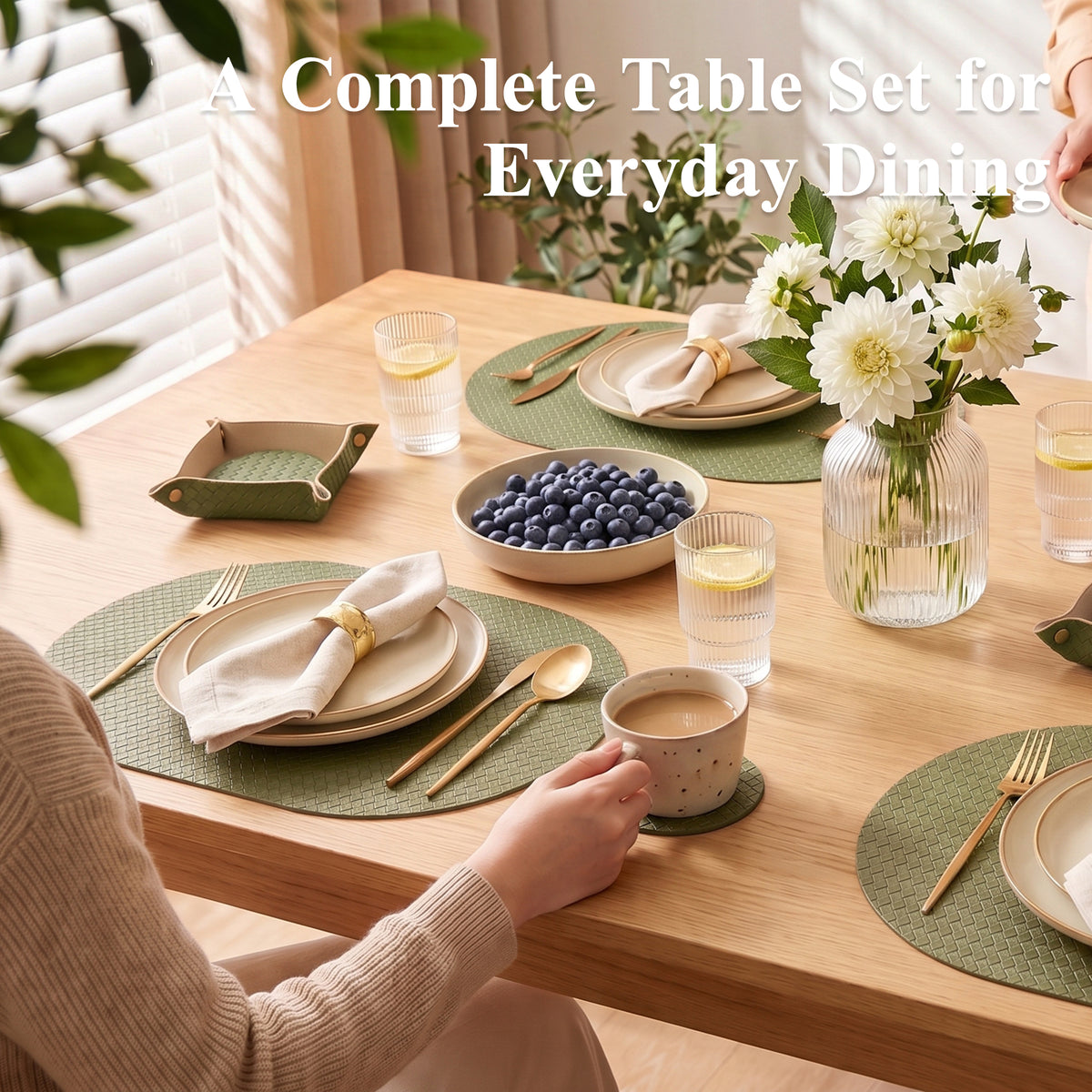 PROMATTOO Woven-Texture Oval Placemats with Coasters & Tray | Set of 4/6