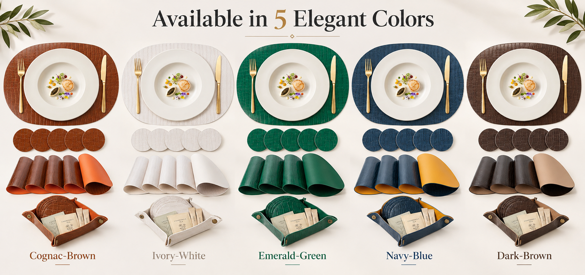 PROMATTOO Crocodile-Embossed Oval Faux Leather Placemats with Coasters & Tray