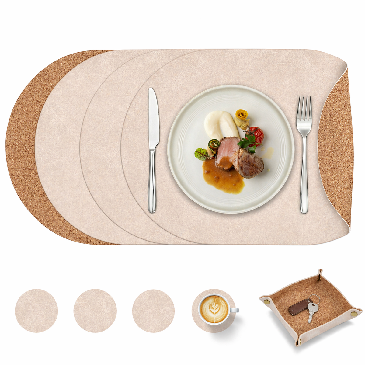 Vintage Cork-Look Vegan Leather Placemats Set with Coasters and Storage Box