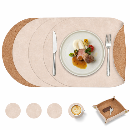 Vintage Cork-Look Vegan Leather Placemats Set with Coasters and Storage Box