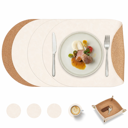 Vintage Cork-Look Vegan Leather Placemats Set with Coasters and Storage Box