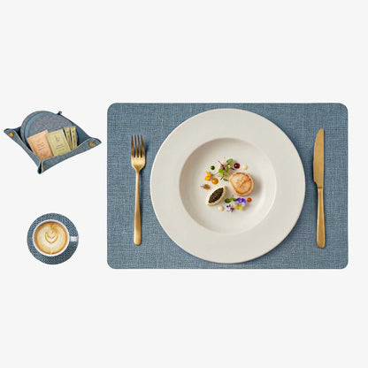Promattoo Linen-Texture Placemats Set of 6 with Coasters & Storage Tray | Vegan Leather