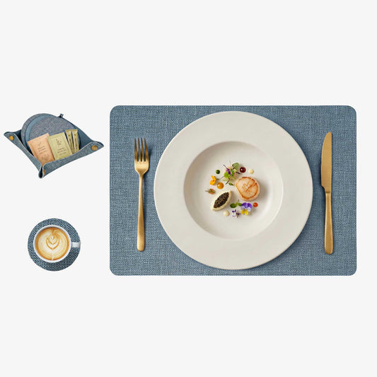 Sous-assiettes en cuir vegan avec texture lin avec sous-verres et boîte