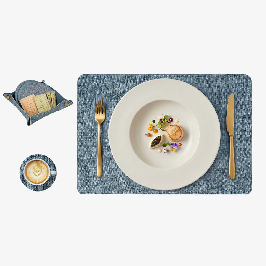 Promattoo Linen-Texture Placemats Set of 6 with Coasters & Storage Tray | Vegan Leather