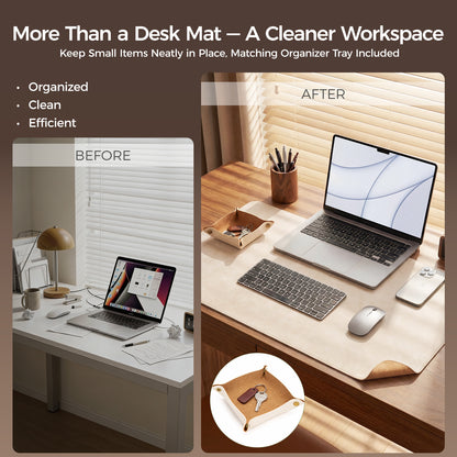PROMATTOO Vegan Leather Desk Mat & Storage Tray Set — Non-Slip Cork Base