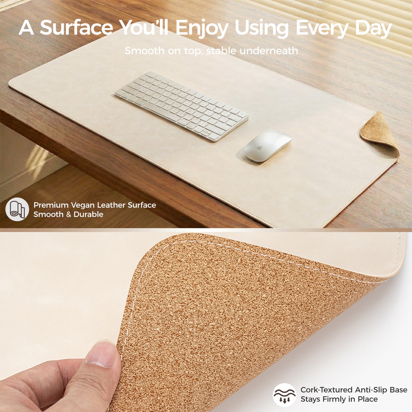 PROMATTOO Vegan Leather Desk Mat & Storage Tray Set — Non-Slip Cork Base