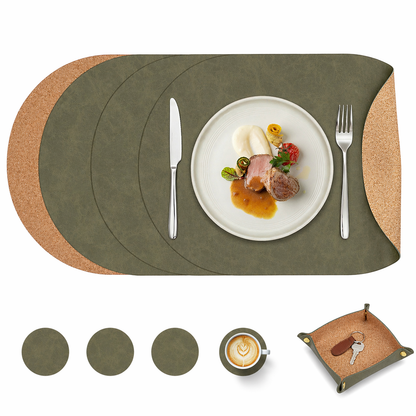 Vintage Cork-Look Vegan Leather Placemats Set with Coasters and Storage Box
