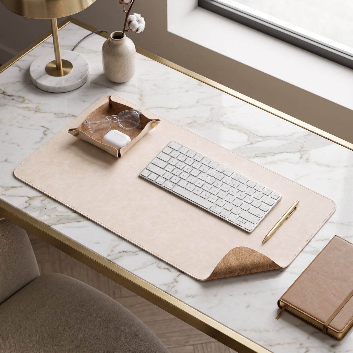 PROMATTOO Vegan Leather Desk Mat & Storage Tray Set — Non-Slip Cork Base