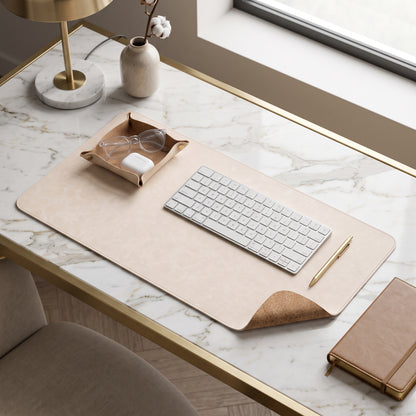 PROMATTOO Vegan Leather Desk Mat & Storage Tray Set — Non-Slip Cork Base