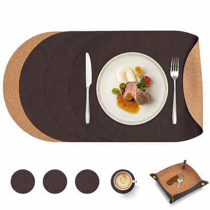 Vintage Cork-Look Vegan Leather Placemats Set with Coasters and Storage Box