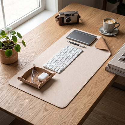 PROMATTOO Vegan Leather Desk Mat & Storage Tray Set — Non-Slip Cork Base