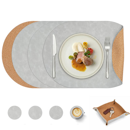 Vintage Cork-Look Vegan Leather Placemats Set with Coasters and Storage Box
