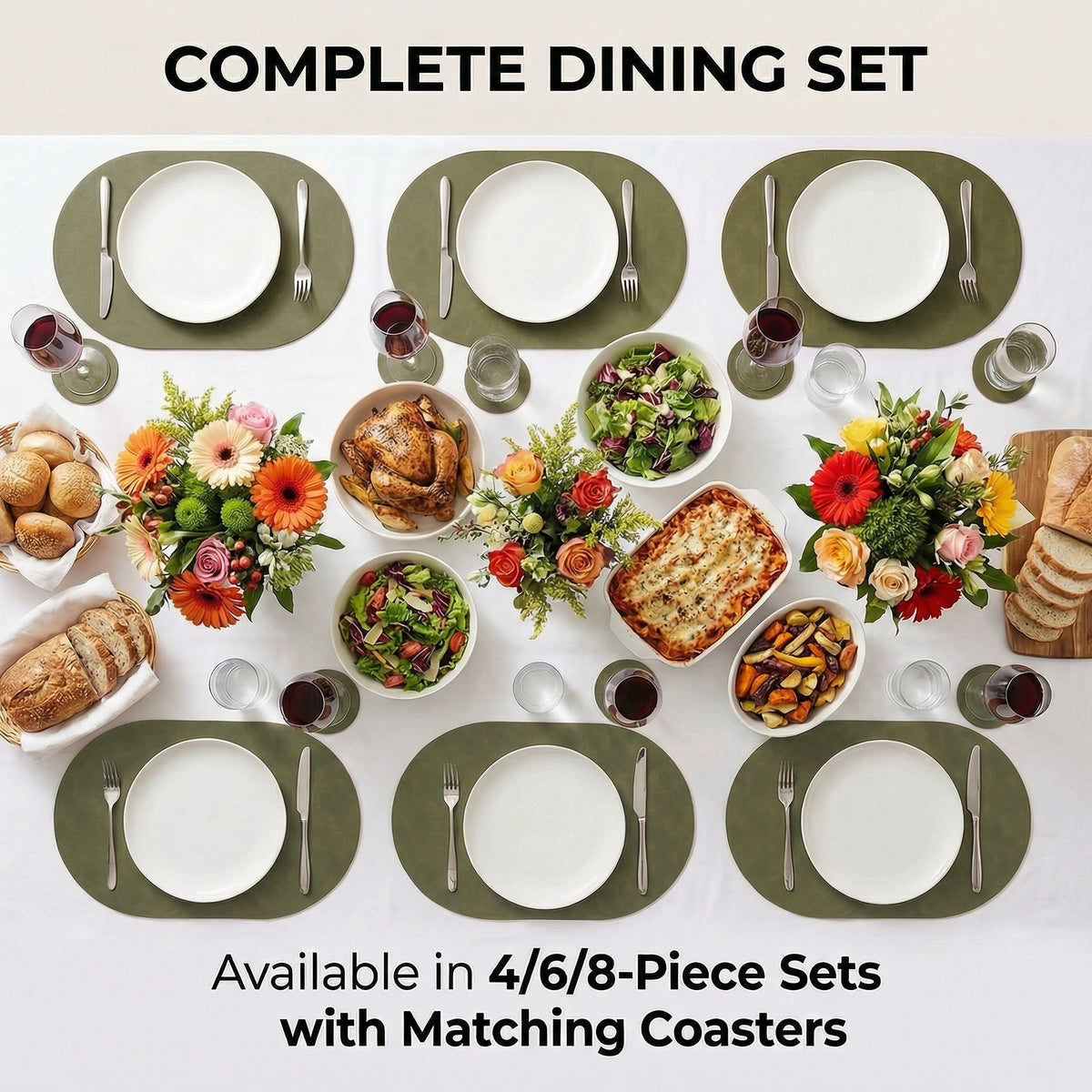 PROMATTOO Oval Faux Leather Placemats with Matching Coasters, Cork-Look Backing, Sets of 4, 6 or 8